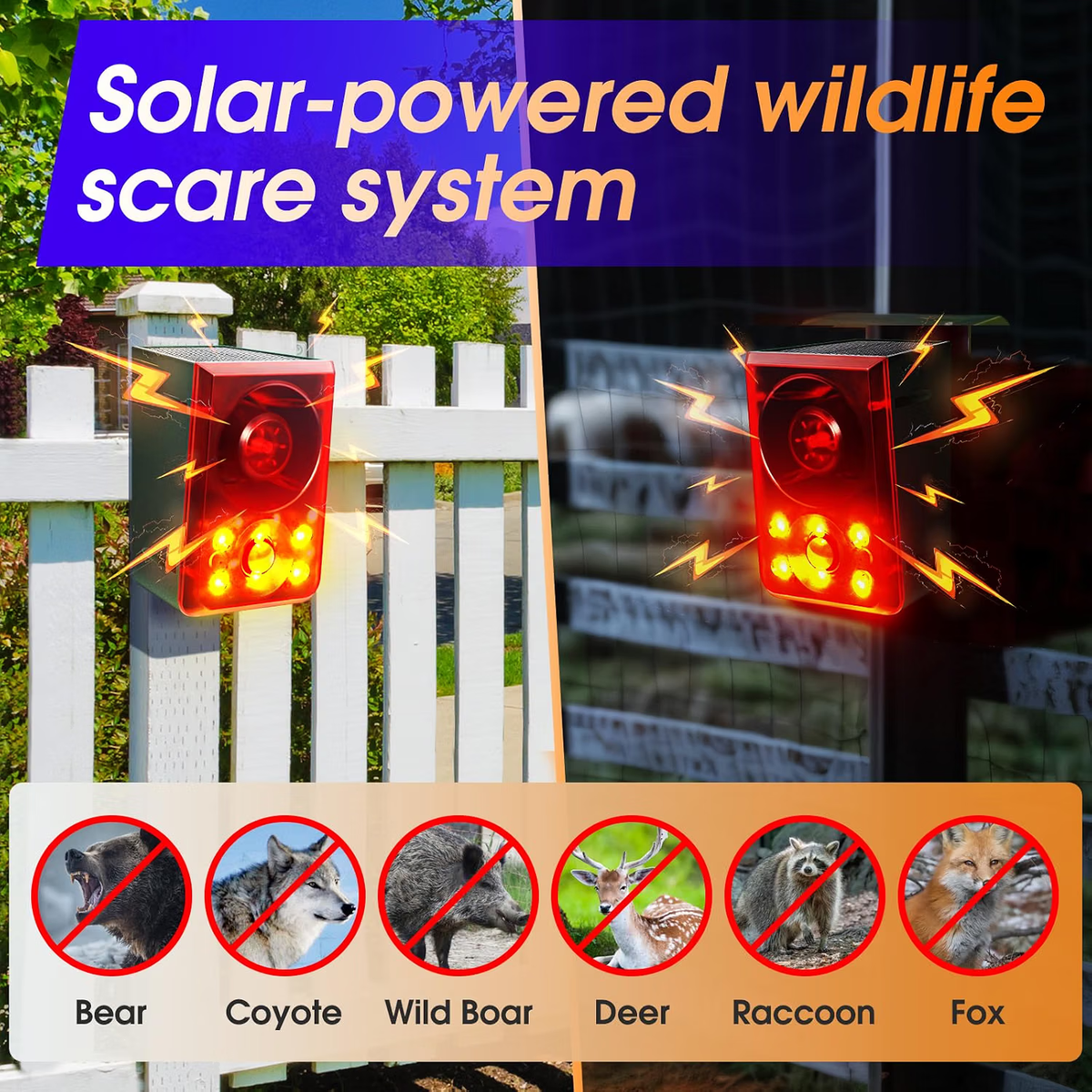 Solar Motion Sensor Alarm – 130dB Wildlife Deterrent with Flashing Lights