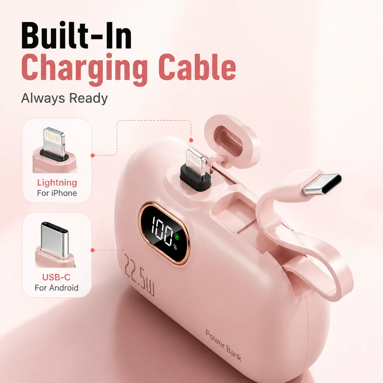 pocket power bank with built in cable 22-5W fast charging